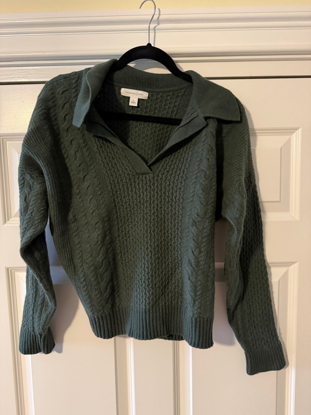 Treasure & Bond Olive Green Cable Knit V-Neck Sweater with Collar